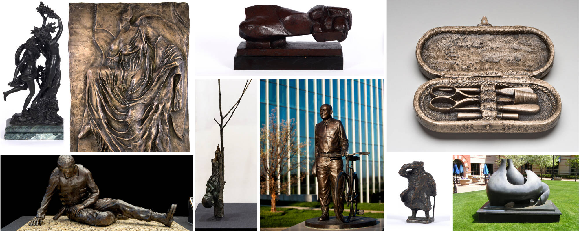 Collage of nine different works of art from the GVSU Art Museum Collection that showcase bronze art in the collection.